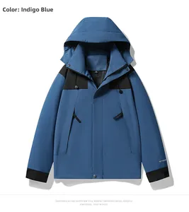 Close-up of windproof outdoor jacket with detachable hood and contrast shoulder panels