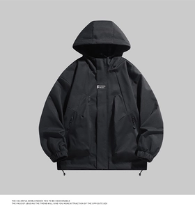 Detail of waterproof black windbreaker featuring a hooded design and fashion sports logo