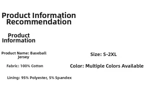 Detailed size and material chart for cotton baseball jacket from S to 2XL