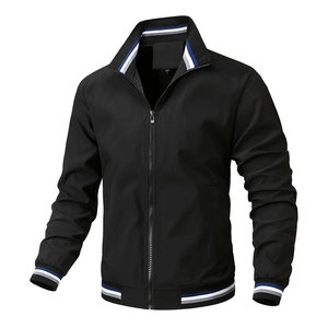 Men's casual black bomber jacket with striped rib-knit collar and cuffs, solid color coat