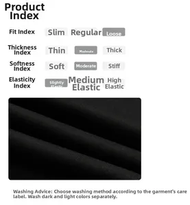 Close-up of black cotton fabric texture with garment performance index and washing care guide