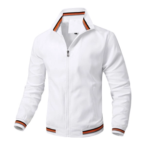Men's casual white jacket with striped ribbed collar and cuffs in 3D hollow man view