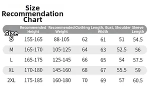 Detailed size recommendation chart for men's jacket including bust and sleeve length