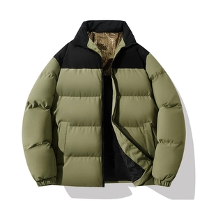 Winter thermal puffer jacket with olive green contrast and heat-reflective gold lining