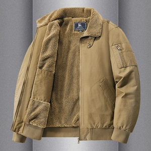 Men Heavyweight Fleece Lined Cotton Jacket Warm Faux Sherpa Collar Winter Workwear Bomber Coat Casual Outerwear For Men