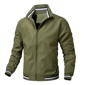 Men's olive casual jacket with striped ribbed collar and cuffs on a white background