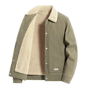 Men's sage green corduroy jacket with thick faux sherpa lining and snap closure