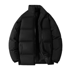Men's minimalist black stand collar padded puffer jacket with zip closure