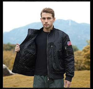 Detail of black flight bomber jacket showing quilted lining and American flag sleeve patch