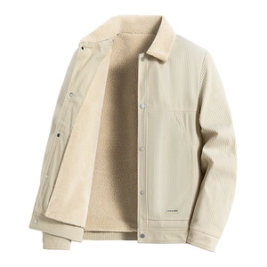 Beige corduroy jacket with fleece lining and turn-down collar for winter warmth