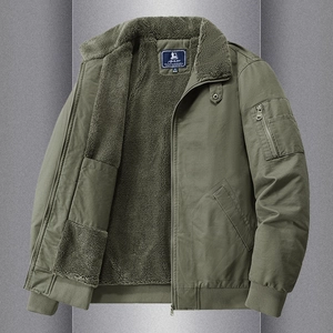 Men's olive green fleece-lined work jacket with warm lamb wool collar and ribbed cuffs