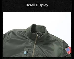 Detail of army green bomber jacket collar with eagle patch and Special Forces embroidery