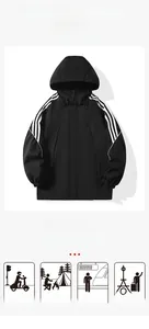 Detail view of waterproof outdoor jacket showing the 3-stripe design and windproof material