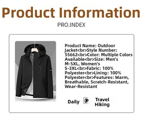 Detailed size chart and specifications for windproof waterproof outdoor jacket