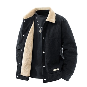 Men's black corduroy jacket with warm beige sherpa fleece lining and button closure