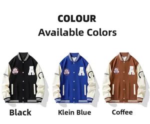 Detailed comparison of varsity jackets in black, klein blue and coffee brown colors