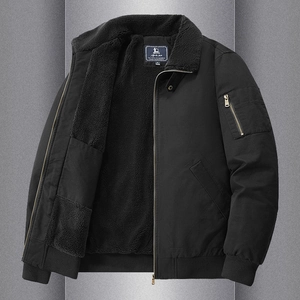 Men's black cotton workwear jacket with thick sherpa fleece lining and ribbed cuffs