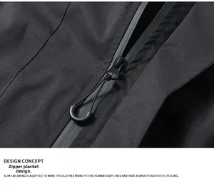 Detailed close-up of the waterproof zipper and functional texture on black outdoor jacket