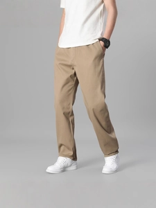 Pantalon décontracté en coton kaki pour hommes, coupe droite avec taille élastique et poches