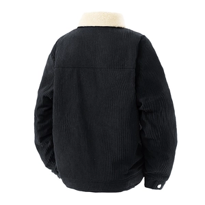 Men's black corduroy jacket with white fleece collar and ribbed texture back view