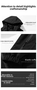 Detail of adjustable hood, large zipper pockets and elastic windproof cuffs on black jacket