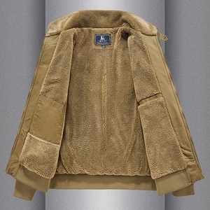 Men's winter fleece-lined work jacket in camel brown with thick faux shearling lining
