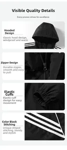 Detail view of black waterproof jacket showing zipper, hood, cuffs and striped sleeves