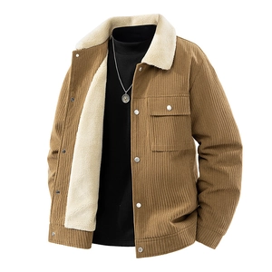 Men's vintage corduroy jacket with warm faux lamb wool lining in brown khaki finish