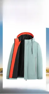 Detail of light blue windproof rainproof jacket with orange lining and zip closure