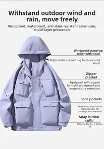 Detail of lavender functional outdoor jacket with adjustable drawstring hood and cargo pockets