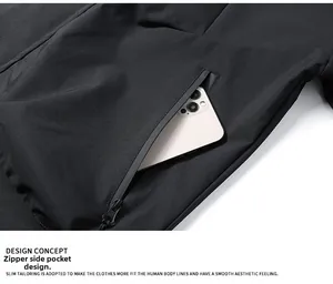 Detail of windproof jacket showing side pocket with zipper and smartphone storage space