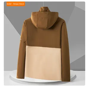 Back view of a gold and beige outdoor hooded jacket with waterproof windbreaker fabric