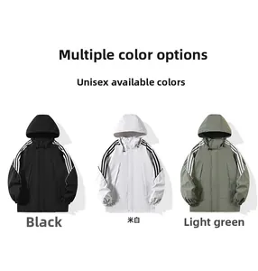 Waterproof hooded jackets with striped sleeves in black, off-white, and light green