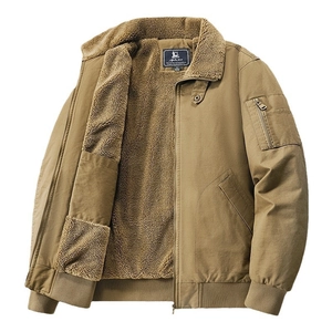 Men's khaki cotton work jacket with warm faux shearling lining and classic collar