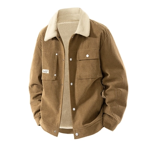 Brown corduroy jacket with white fleece lining and collar in casual workwear style