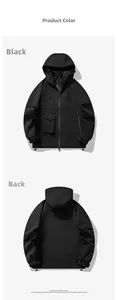 Detail view of the black windproof outdoor jacket featuring adjustable hood and utility pockets