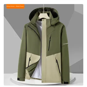 Detailed front view of green and khaki waterproof hooded windbreaker with zipper pockets