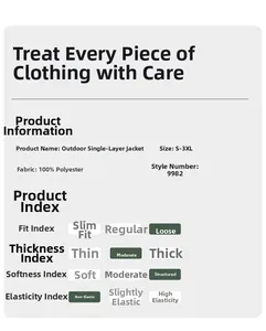 Detailed size chart and material specifications for men waterproof outdoor jacket