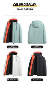 Detail of outdoor windproof hooded jacket in sage green, off-white, and black colorways