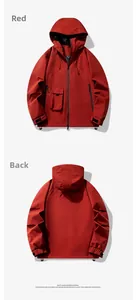 Front and back view of red hooded outdoor windbreaker with cargo pockets and velcro cuffs