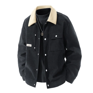 Men's vintage black corduroy jacket with thick warm lamb wool collar and utility pockets