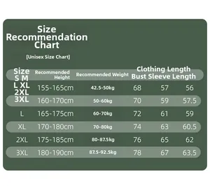 Detailed unisex size chart for outdoor waterproof jackets including height and weight guide