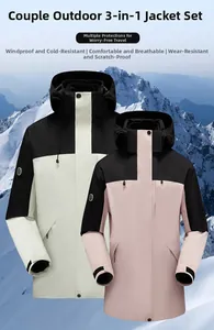 Close-up of windproof hooded collar and adjustable drawstrings on a 3-in-1 outdoor jacket