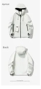 Detail view of apricot windproof outdoor jacket showing hood and functional utility pockets