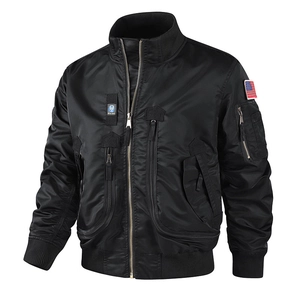 Men's MA1 flight bomber jacket in black with tactical pockets and US flag patch