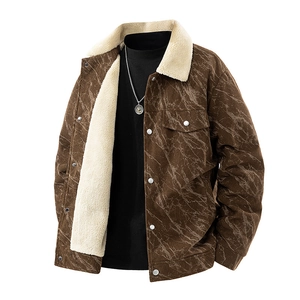 Veste d'hiver en velours côtelé marron pour homme avec col en polaire blanche