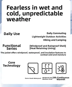 Features of the 3-in-1 jacket: heavy rain waterproof, windproof, and 24h thermal insulation