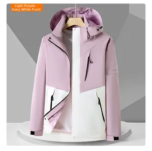 Detail of light purple and ivory white windproof outdoor jacket with adjustable velcro cuffs