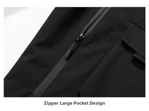 Detail of waterproof zipper and large pocket on black outdoor mountain jacket
