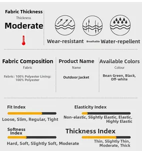 Detailed chart showing 100% polyester fabric material and windbreaker features